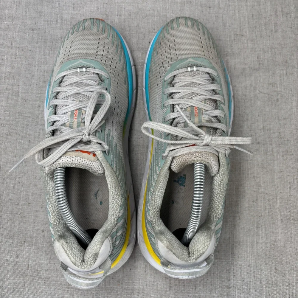 Hoka One One Clifton 5 Gray Yellow Blue Running Shoes Sneakers Women's Size 10.5